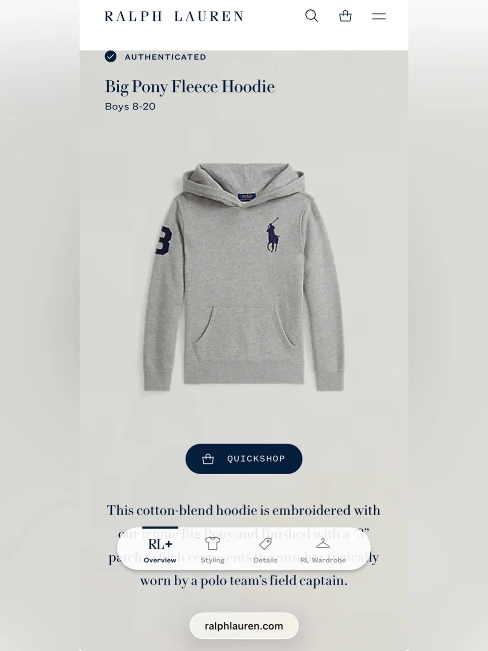 Polo Ralph Lauren Boy’s Gray Big Pony Fleece Hoodie, Size S(8)